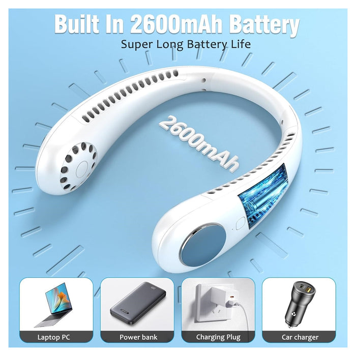 Trade Shop - Mini Ventilatore Collo Portatile Ricaricabile Usb Senza Pale 2600mah 3 Velocità Silenzioso -