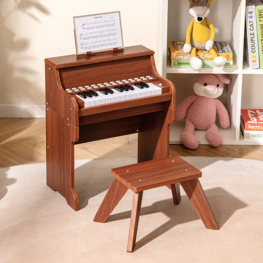 Mini tastiera pianoforte per bambini a 25 tasti con sgabello, Mini pianoforte digitale in legno con velocit¨¤ regolabili Marrone-Tastiere elettriche
