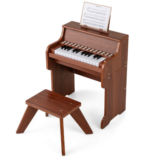 Mini tastiera pianoforte per bambini a 25 tasti con sgabello, Mini pianoforte digitale in legno con velocit¨¤ regolabili Marrone-Tastiere elettriche