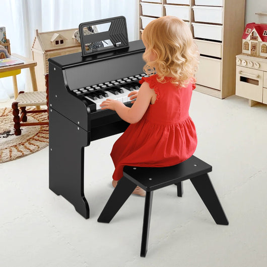 Mini tastiera pianoforte per bambini a 25 tasti con sgabello, Mini pianoforte digitale in legno con velocit¨¤ regolabili Nero-Tastiere elettriche