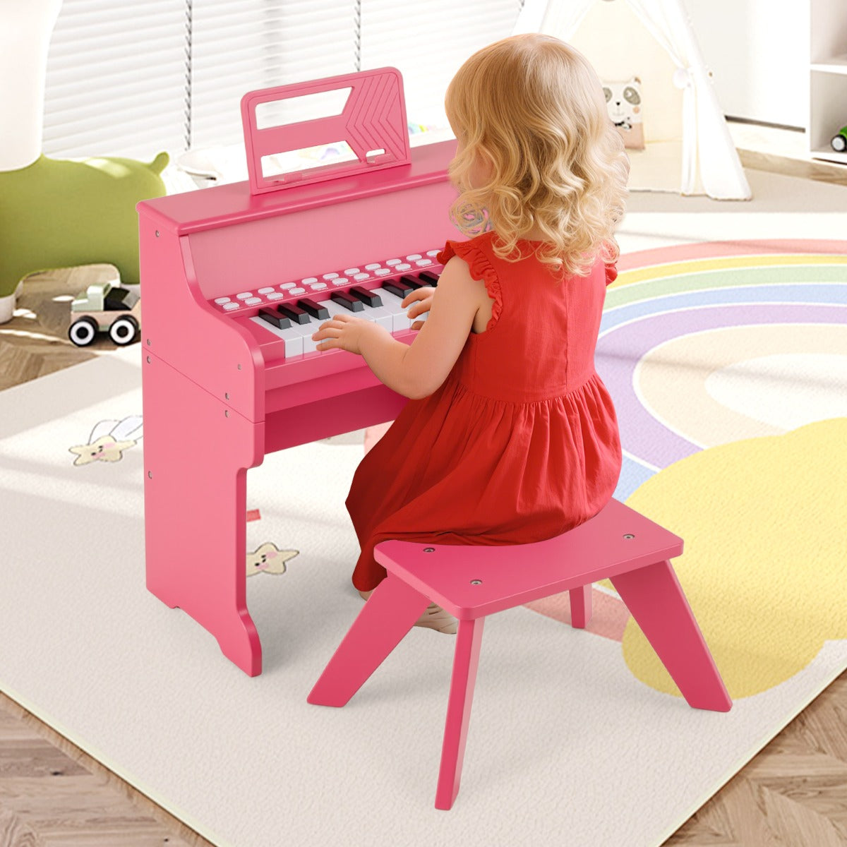 Mini tastiera pianoforte per bambini a 25 tasti con sgabello, Mini pianoforte digitale in legno con velocit¨¤ regolabili Rosa-Tastiere elettriche