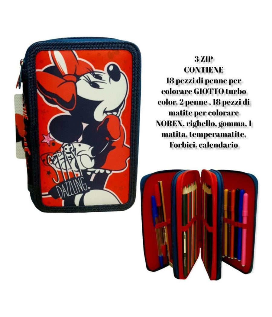 Minnie Mouse Stay Dazzling Astuccio 3 Zip Cerniere Portapastelli Matite Scuola         