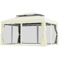 Gazebo da Giardino 4x3m con Zanzariera, Tende e Doppio Tetto in Alluminio e Poliestere, Crema