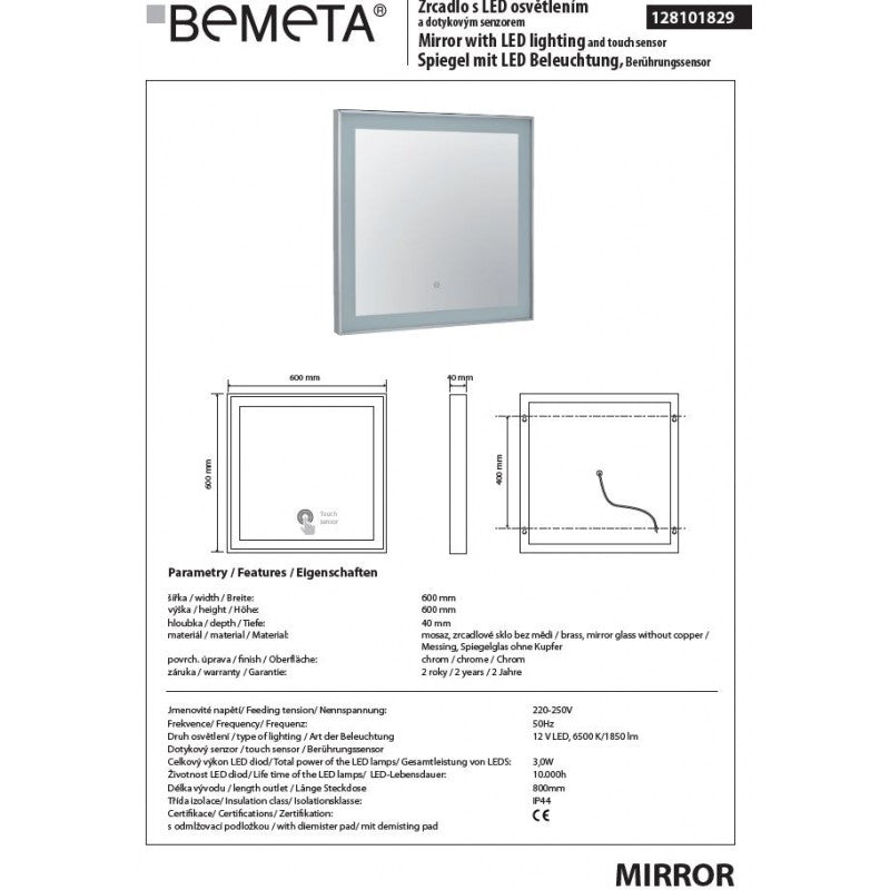 Specchio quadrato 60x60 cm con luce LED e sensore touch