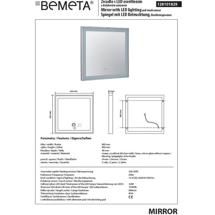 Specchio quadrato 60x60 cm con luce LED e sensore touch