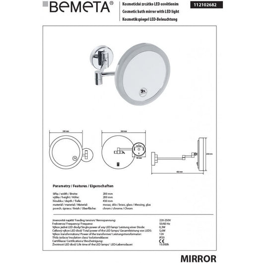 Specchio doccia ingranditore a parete con LED ø 20 cm