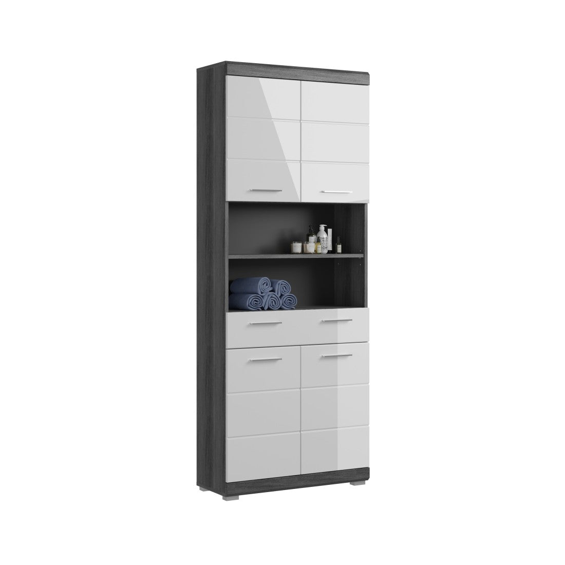 Colonna da bagno SCOTT – 4 porte e 1 cassetto – Grigio scuro e bianco – 74x191x31 cm