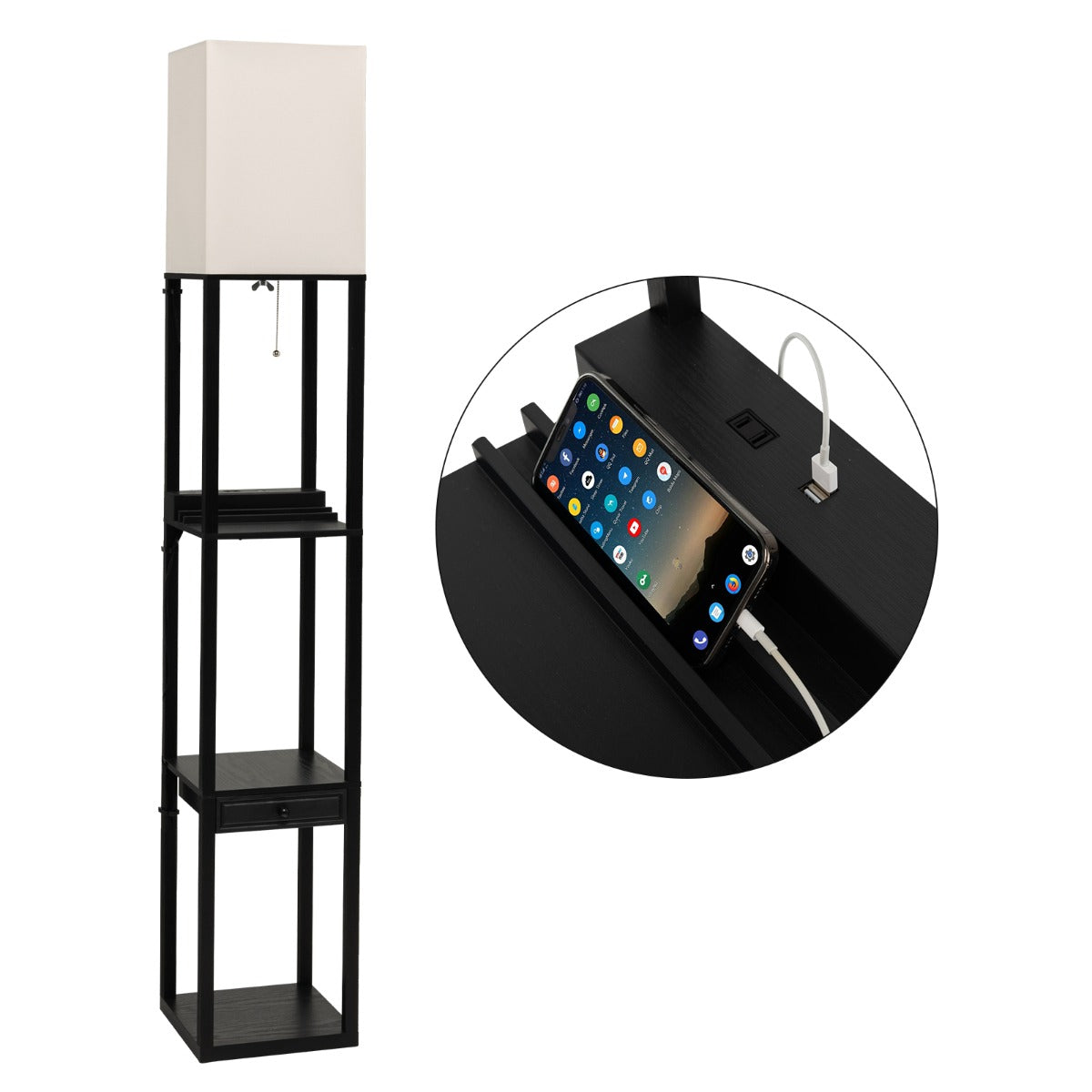 Lampada da terra soggiorno con lampadina LED 5000k luminosità a 3 livelli 1 cassetto e 1 porta USB 3 ripiani 25 x 25 x 159,5 cm 20_0009760