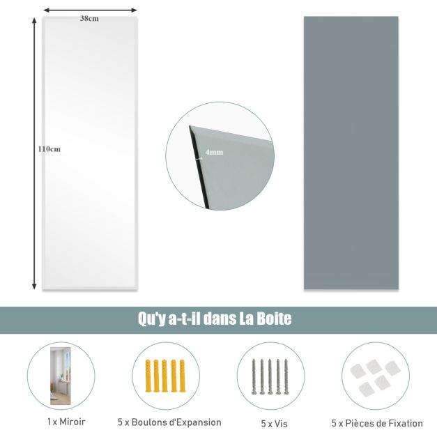 Specchio da parete psyche rettangolare senza cornice 110 x 38 cm bordo smussato su tutta la lunghezza sospeso verticale o orizzontale bianco 20_0006309