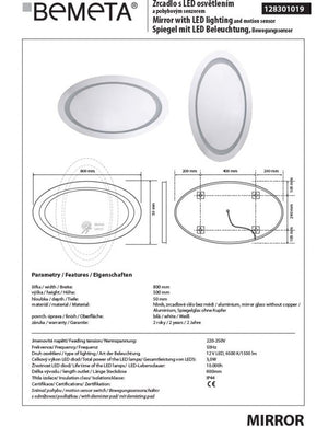 Specchio ovale 80x50 cm con luce LED e sensore di movimento