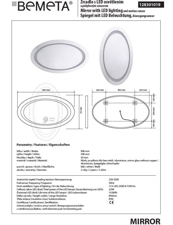 Specchio ovale 80x50 cm con luce LED e sensore di movimento