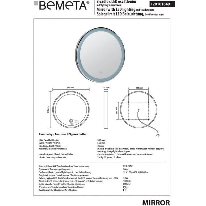 Specchio da parete rotondo 55x55 cm con luce LED e sensore touch