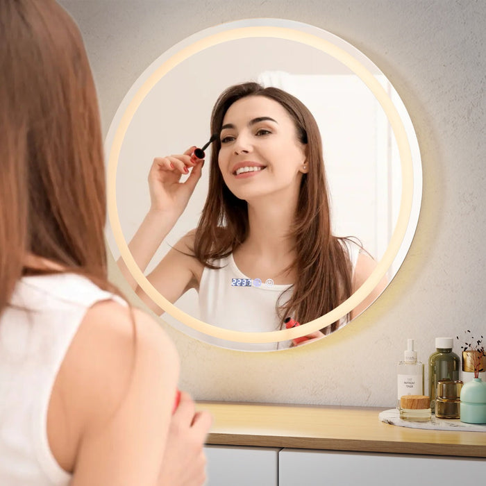 Specchio da parete rotondo a LED e specchio cosmetico impermeabile con funzione antiappannamento con specchio per trucco touch screen a 3 colori 58 luci argento 20_0008919