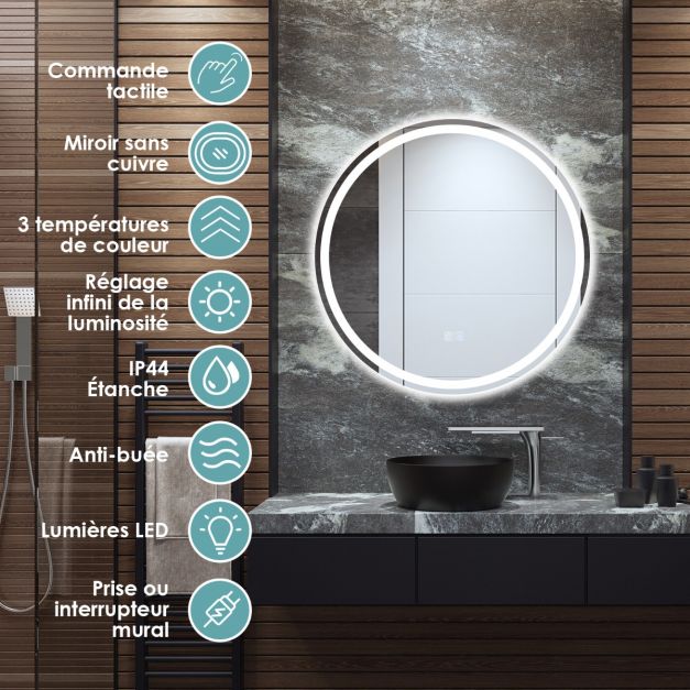 Specchio da bagno LED ø 60 cm con 3 luci, interruttore touch e funzione antiappannamento 20_0008910