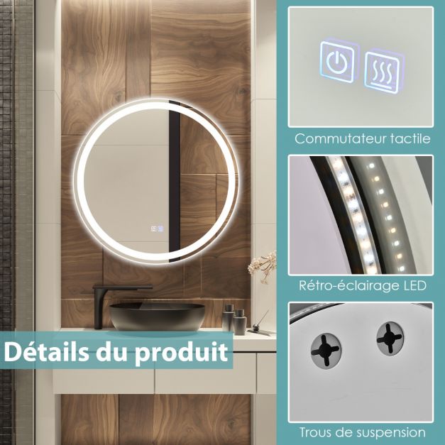 Specchio da bagno LED ø 60 cm con 3 luci, interruttore touch e funzione antiappannamento 20_0008910