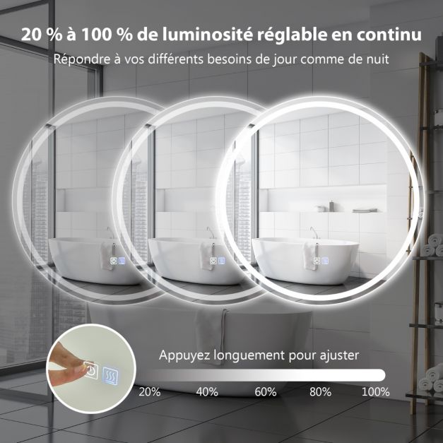 Specchio da bagno LED ø 60 cm con 3 luci, interruttore touch e funzione antiappannamento 20_0008910
