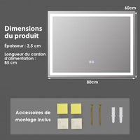 Specchio da bagno LED 80 x 60 cm con 3 luci, interruttore touch e funzione antiappannamento 20_0005042