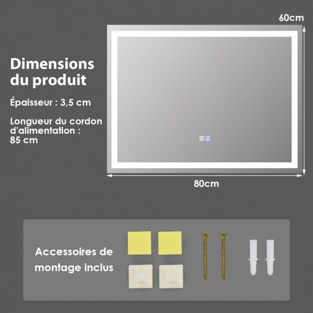 Specchio da bagno LED 80 x 60 cm con 3 luci, interruttore touch e funzione antiappannamento 20_0005042