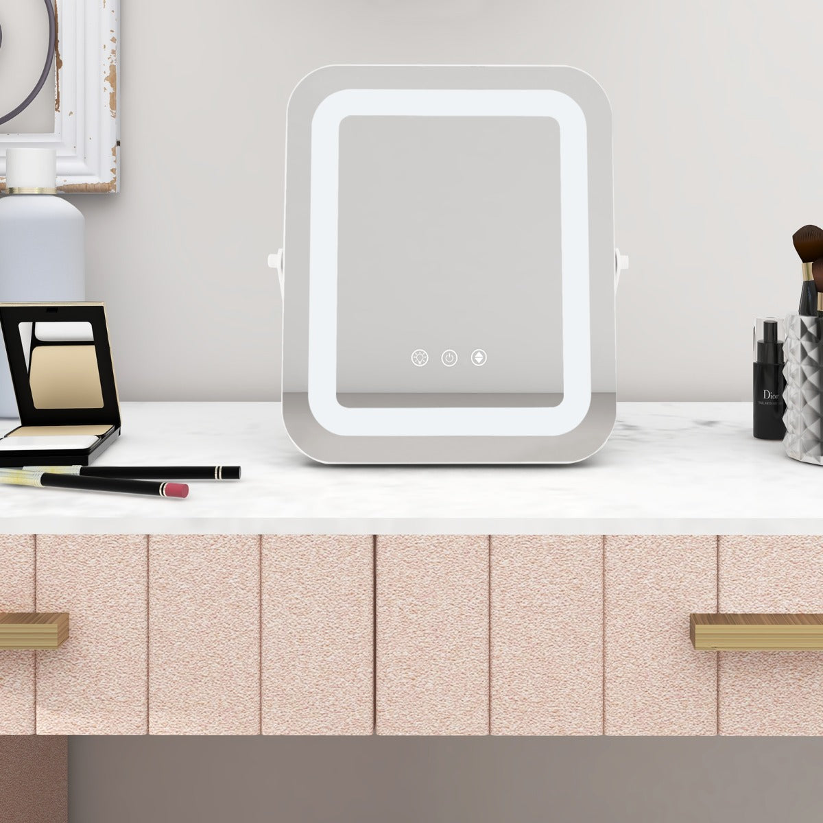 Specchio trucco quadrato 25x30cm orientabile luce led touch screen rotazione 360° funzione memory supporto in metallo 20_0005048