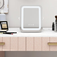 Specchio trucco quadrato 25x30cm orientabile luce led touch screen rotazione 360° funzione memory supporto in metallo 20_0005048
