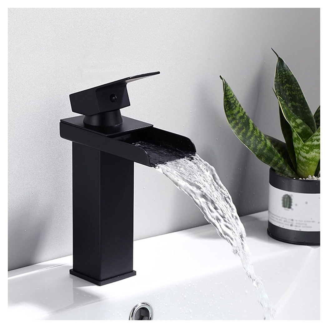 Trade Shop - Miscelatore A Cascata Nero Lavabo Bagno Rubinetto A Canna Bassa Monocomando 87398         