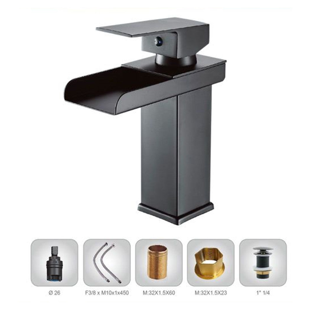 Trade Shop - Miscelatore A Cascata Nero Lavabo Bagno Rubinetto A Canna Bassa Monocomando 87398         