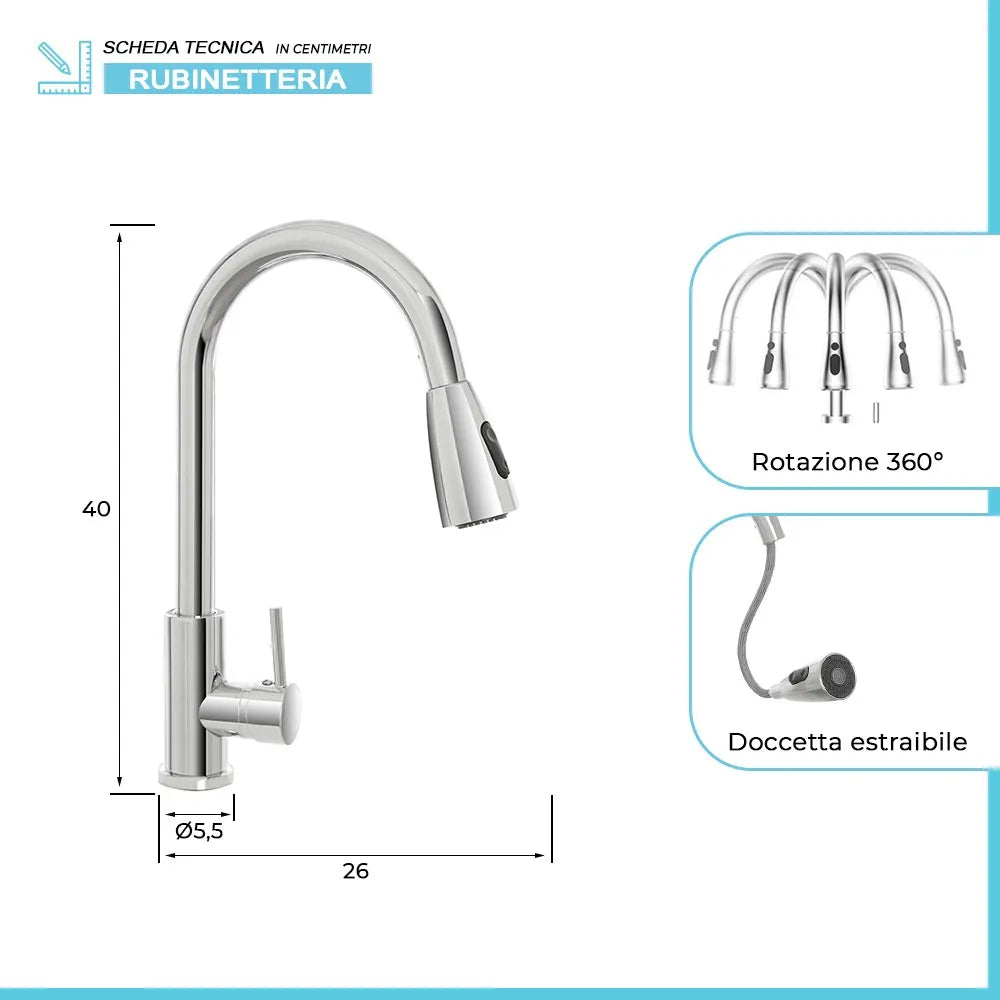 Miscelatore cucina cromato in acciaio inox con doccetta estraibile