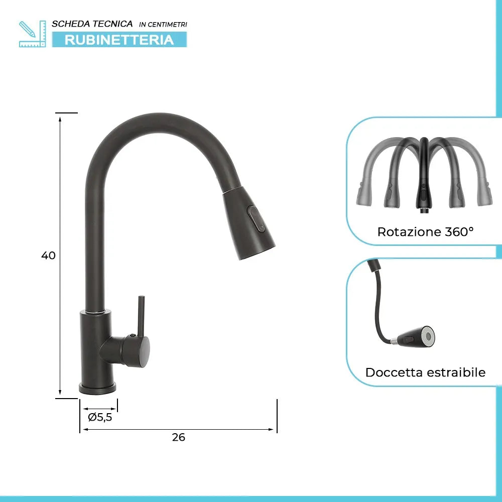 Miscelatore cucina nero opaco in acciaio inox con doccetta estraibile