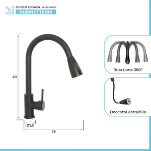 Miscelatore cucina nero opaco in acciaio inox con doccetta estraibile