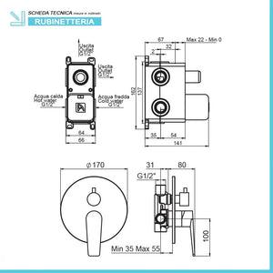 Miscelatore doccia a incasso cromato con deviatore  Cristallo