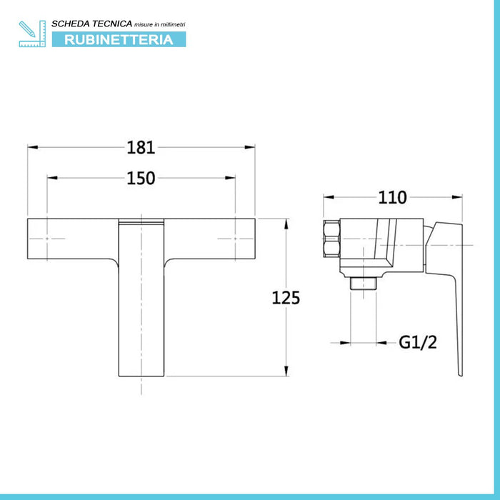 Miscelatore doccia esterno a muro in ottone cromato lucido Prima
