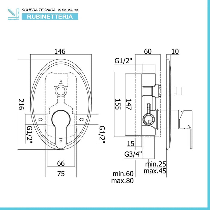 Miscelatore doccia incasso con deviatore Paffoni Blu in ottone cromo