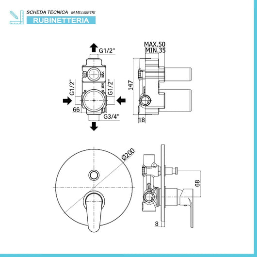 Miscelatore doccia incasso con deviatore Paffoni Green in ottone cromo