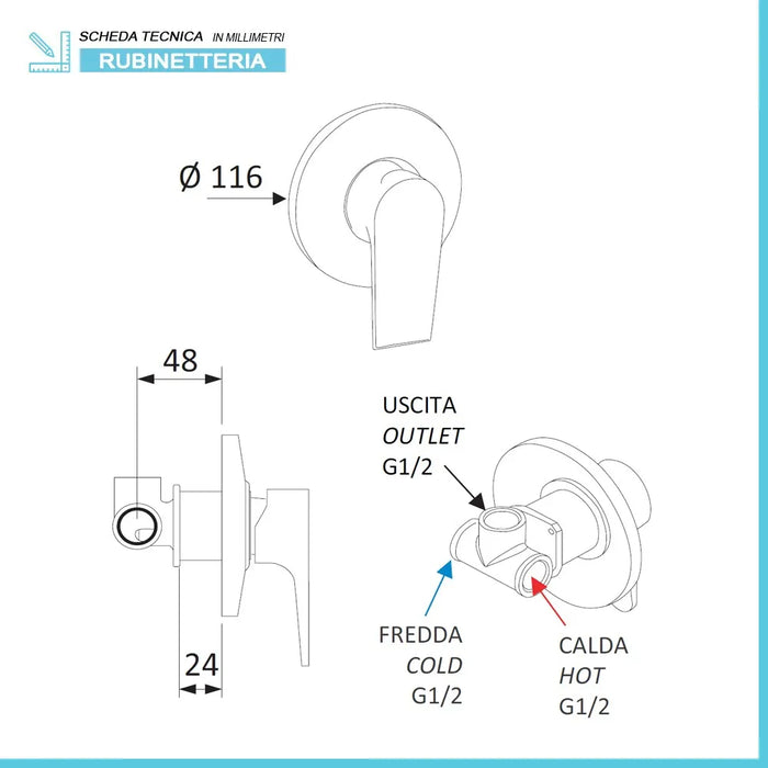 Miscelatore doccia incasso Mariani serie Artic in ottone nero opaco