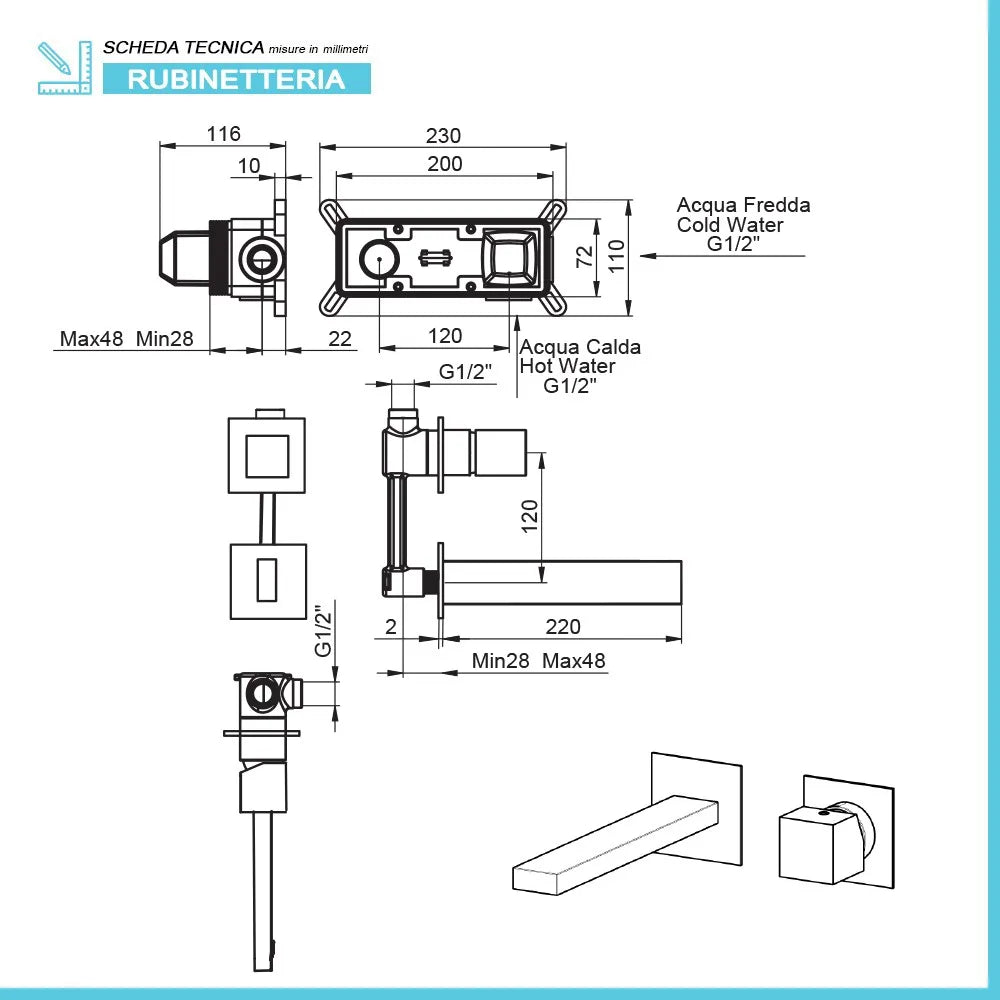 Miscelatore lavabo a muro cromato lucido  Torre