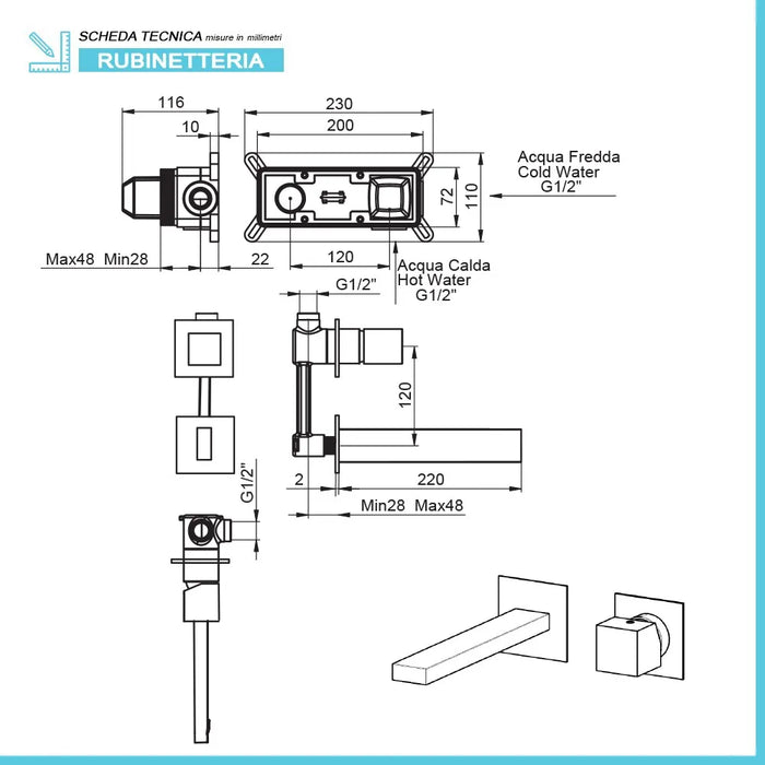 Miscelatore lavabo a muro cromato lucido  Torre