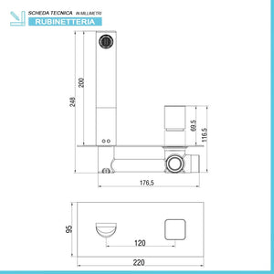Miscelatore lavabo a muro in ottone con manopola e canna 20 cm Lotus