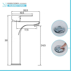 Miscelatore lavabo alto cromato completo di piletta click clack Zoe