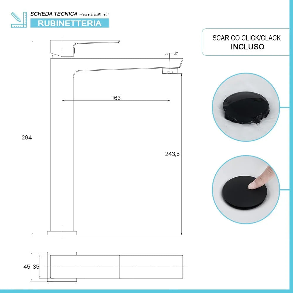 Miscelatore lavabo alto nero opaco con piletta clic clac Kubo