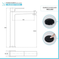 Miscelatore lavabo alto nero opaco con piletta clic clac Kubo