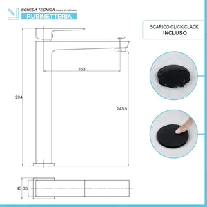 Miscelatore lavabo alto nero opaco con piletta clic clac Kubo