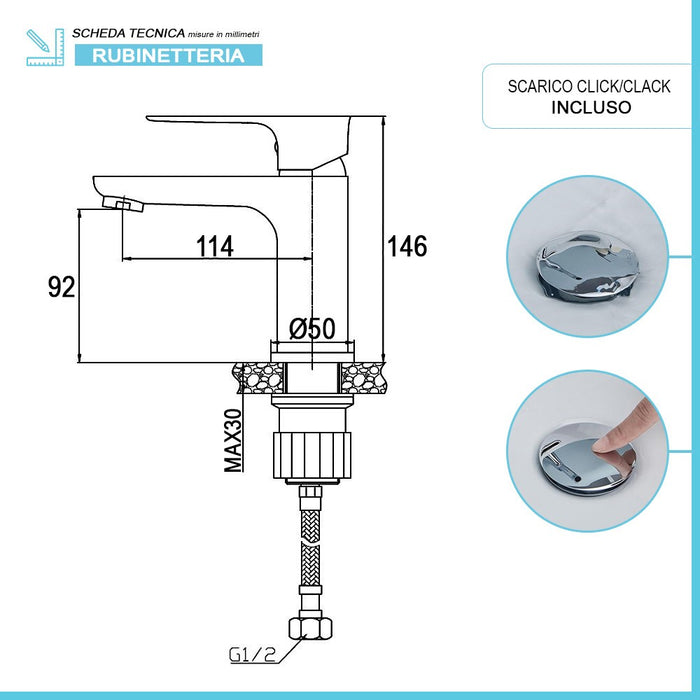 Miscelatore lavabo Flat in ottone cromato con piletta click clack