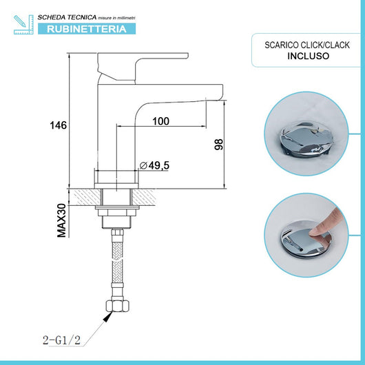 Miscelatore lavabo in ottone cromato con piletta click clack Kreo