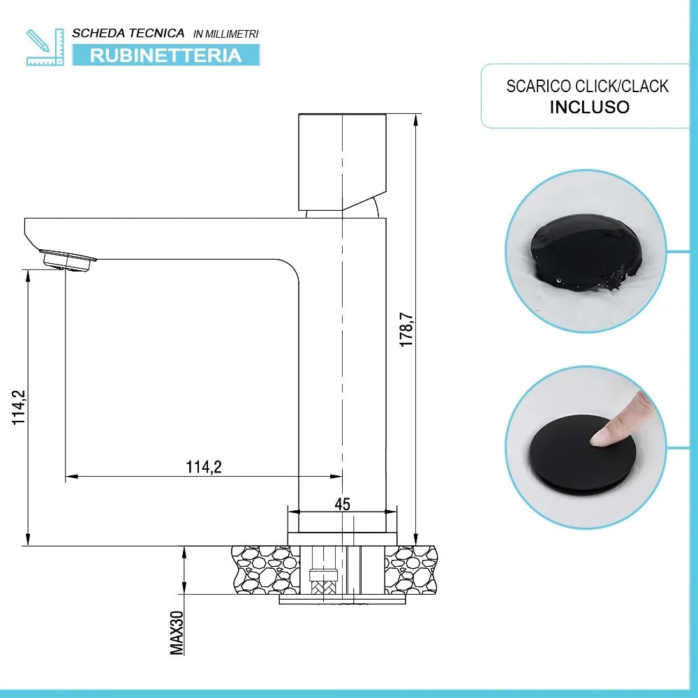 Miscelatore lavabo in ottone nero opaco con piletta click clack Lotus