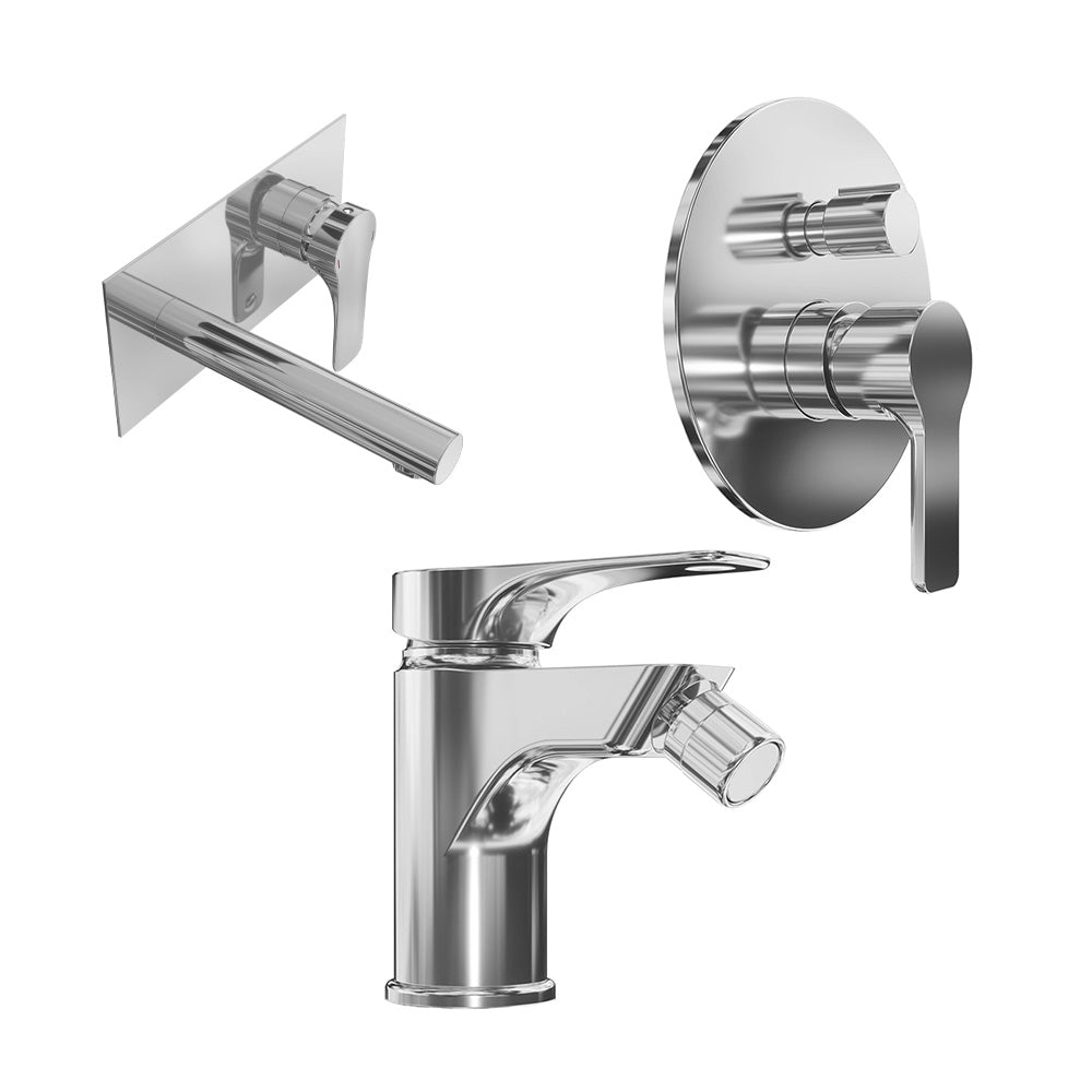 Set miscelatore lavabo ad incasso e bidet ed incasso doccia con deviatore in ottone cromato | Mia
