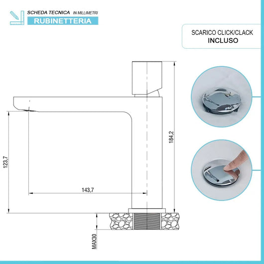 Miscelatore lavabo bocca lunga in ottone con manopola e piletta click clack Lotus