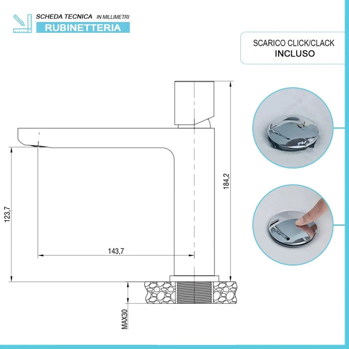 Miscelatore lavabo bocca lunga in ottone con manopola e piletta click clack Lotus