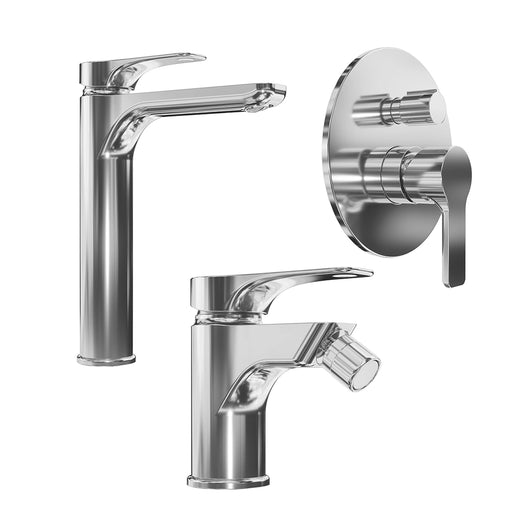 Set miscelatore lavabo alto e bidet senza scarico ed incasso doccia con deviatore in ottone cromato | Mia