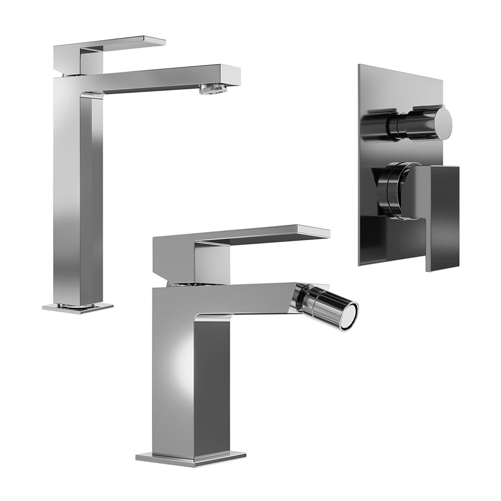 Set miscelatore lavabo alto e bidet senza scarico ed incasso doccia con deviatore in ottone cromato | Hedy