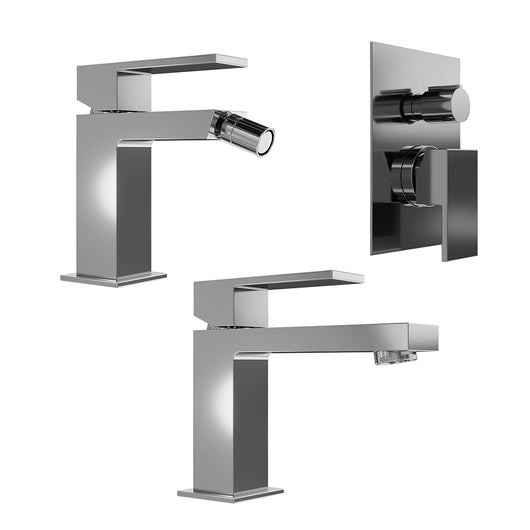 Set miscelatore lavabo e bidet senza scarico ed incasso doccia con deviatore in ottone cromato | Hedy